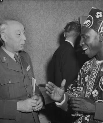 Lieutenant General E.C.V. Møller, Commander-in-Chief of the Danish Army, meets Mr. Nelson Uko, founder of the Nigerian War Veterans Association of the Military Academy.  MRA World Mission in Copenhagen, Denmark