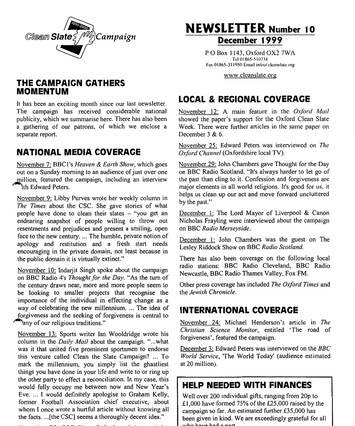 Cover of Clean Slate Campaign newsletter #10, December 1999
