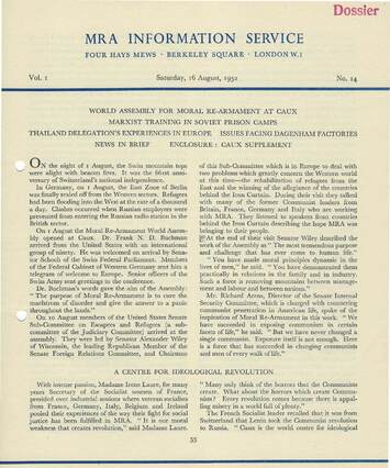 Cover of MRA Information Service - Vol. 01 No. 14, 1952-08-16