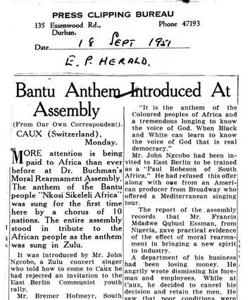 Cover of Bantu Anthem Introduced At Assembly