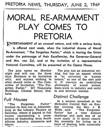 Cover of Moral Re-Armament play comes to Pretoria
