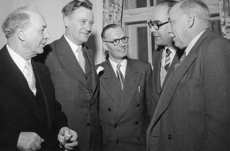 Mr Hoegener, Dirk de Loor, Harvey Wickham, Otto Cadegg, Oberb Winner, B&W portrait photo