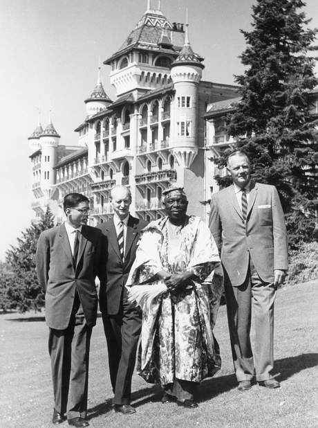 Rajmohan Gandhi, James Dickson, HH Oba Akisanya, Joel McCrea, B&W portrait photo