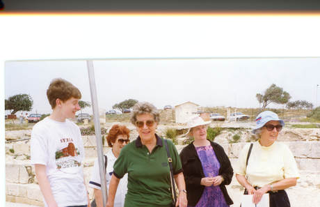 John Everington, Theri Grandy, Jean Everington, Venera Rutishauser, Maroula Stephou(back), B&W portrait photo