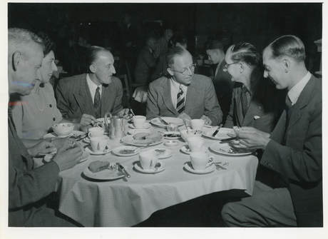 Van Otten, George Walker,Mr and Mrs. Lyons, Fritz Philips, Nico Halbertama, B&W portrait photo