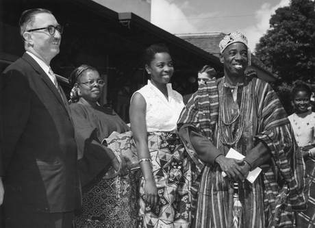 Dr.Fadil Jamali,His Highness the Ewi of Ado Ekiti (Nig), Her Highness the Ayeshorun, Their daughter, Princess Yetinda, B&W portrait photo