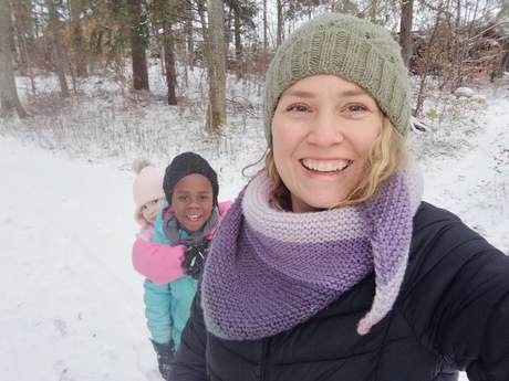 Inger Smith with children in snow