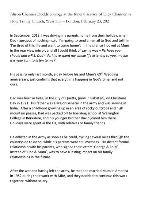 Cover of Dad's eulogy, for Dick Channer