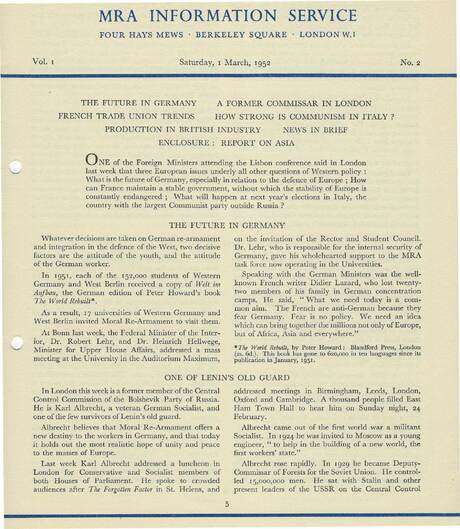 Cover of MRA Information Service - Vol. 01 No. 02, 1952-01-03
