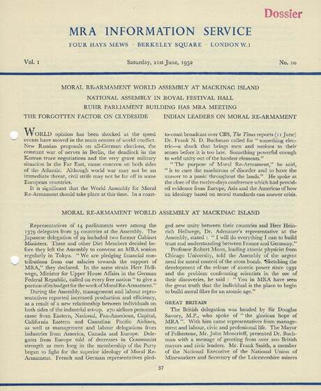 Cover of MRA Information Service - Vol. 01 No. 10, 1952-06-21