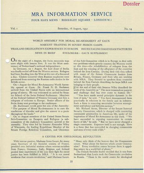 Cover of MRA Information Service - Vol. 01 No. 14, 1952-08-16