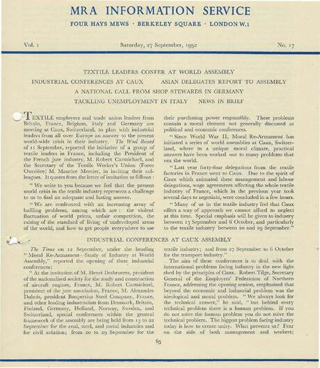 Cover of MRA Information Service - Vol. 01 No. 17, 1952-09-27