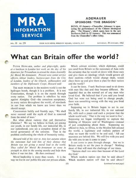 Cover of MRA Information Service - Vol. 10 No. 259, 1962-01-20