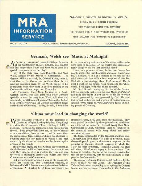 Cover of MRA Information Service - Vol. 11 No. 270, 1962-06-23