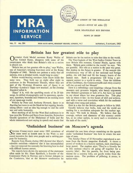 Cover of MRA Information Service - Vol. 11 No. 284, 1963-01-05