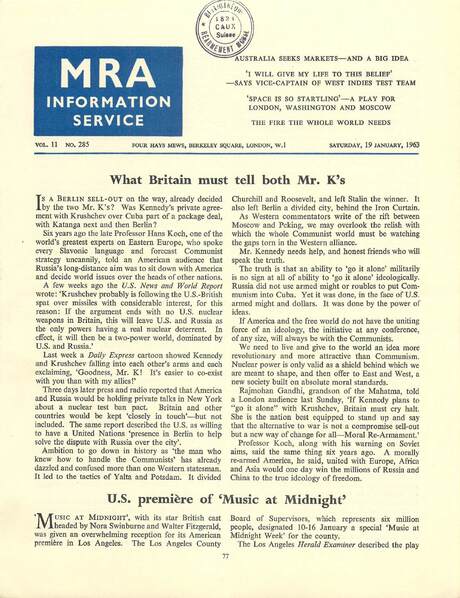 Cover of MRA Information Service - Vol. 11 No. 285, 1963-01-19