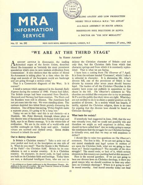 Cover of MRA Information Service - Vol. 12 No. 292, 1963-04-27
