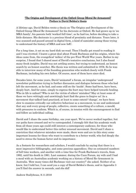 Cover of Preface to David Belden's thesis